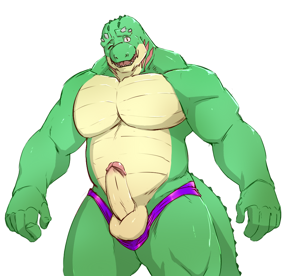 anthro balls clothing crocodile crocodilian erection grandall_(character) humanoid_penis looking_at_viewer male male_only musclegut open_mouth penis reptile scalie solo standing taoren underwear