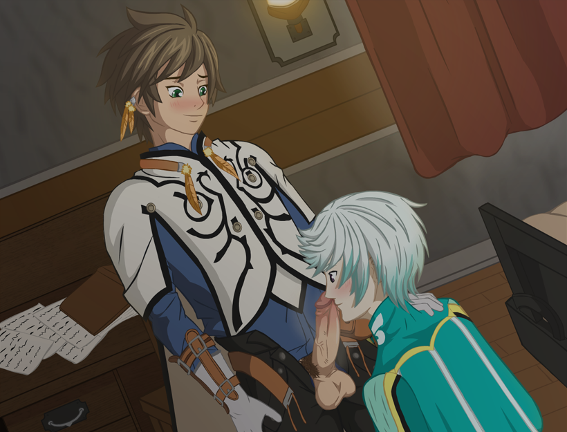 2boys asian asian_male beige_penis beige_skin blush brown_hair erection male male_only mikleo_(tales) multiple_boys penis silver_hair smile sorey_(tales) tales_of_(series) tales_of_zestiria tan_penis tan_skin testicles yaoi