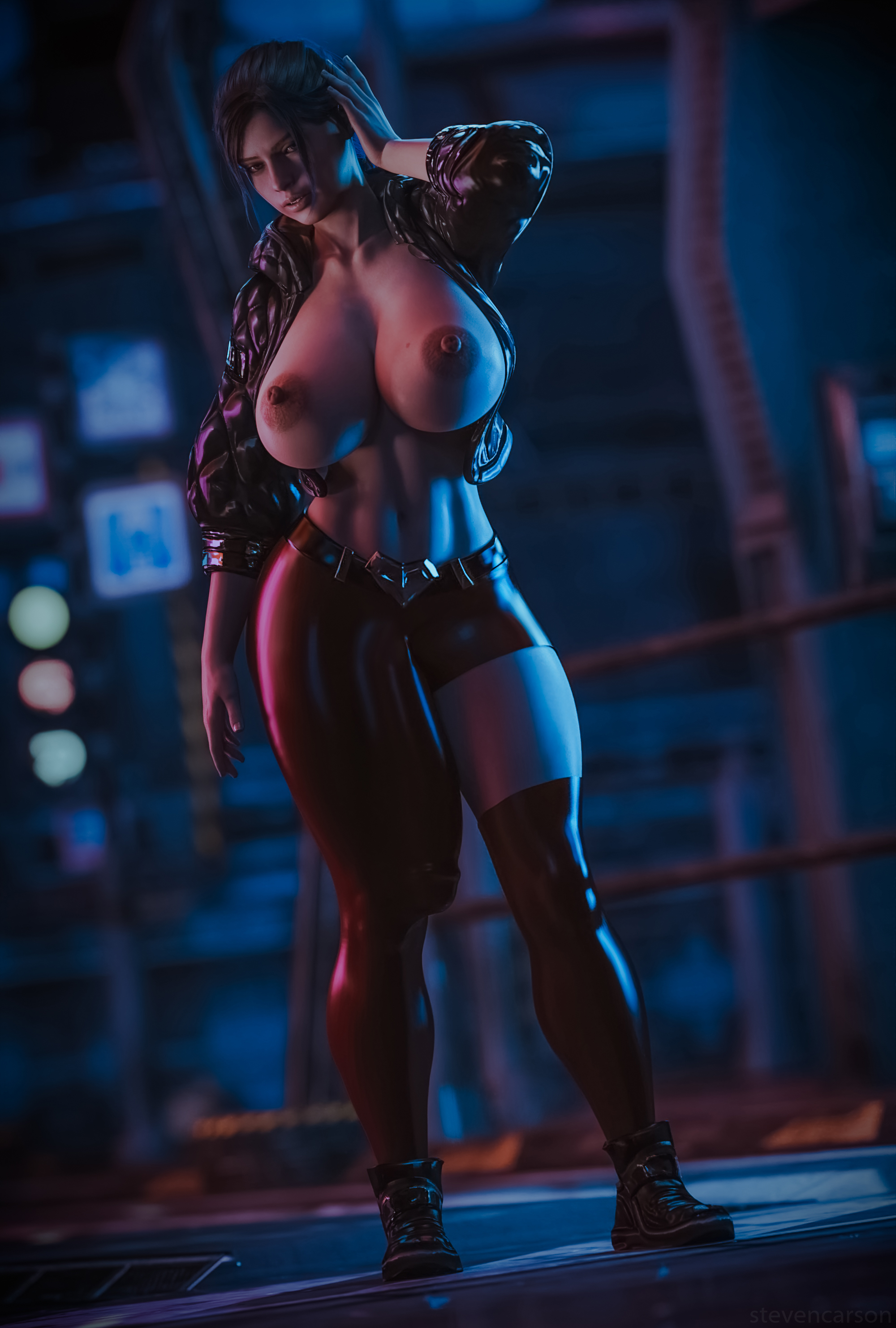 1futa, 3d, abs, absurdres, areolae, balls, balls bulge, balls under clothes, breasts, bulge, cameltail, claire redfield, cosplay, curvy, erect nipples, erection, erection under clothes, futa only, futanari, highres, huge breasts, huge cock, huge penis, intersex, muscular, muscular futa, nipples, penis, penis bulge, penis under clothes, realistic, resident evil, resident evil 2, solo, solo futa, spread legs, standing, stevencarson, wide hips