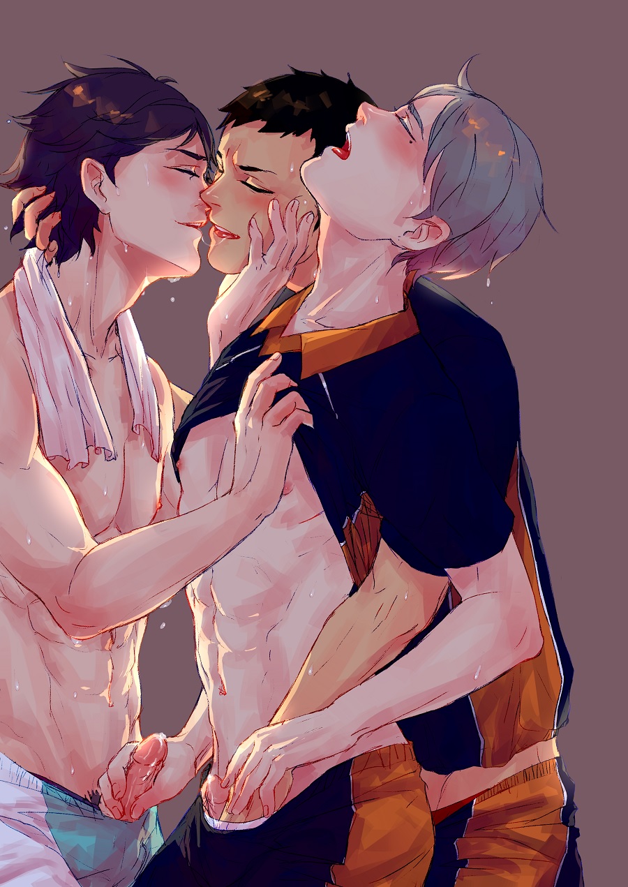 3boys abs blush closed_eyes erection haikyuu!! handjob kissing male male_only multiple_boys muscle mutual_masturbation oikawa_tooru_(haikyuu!!) penis penis_grab sawamura_daichi sugawara_koushi sweat threesome towel undressing wince yaoi ダーウィン猿