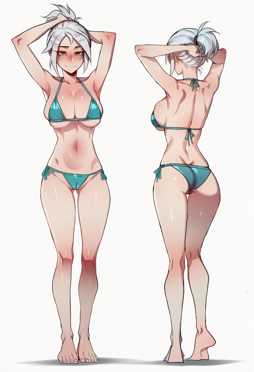 ai generated, armpits, back view, big breasts, bikini, breasts, cameltoe, female, front view, jett (valorant), long legs, midriff, panties, pussy, smile, unknown artist, valorant, white hair