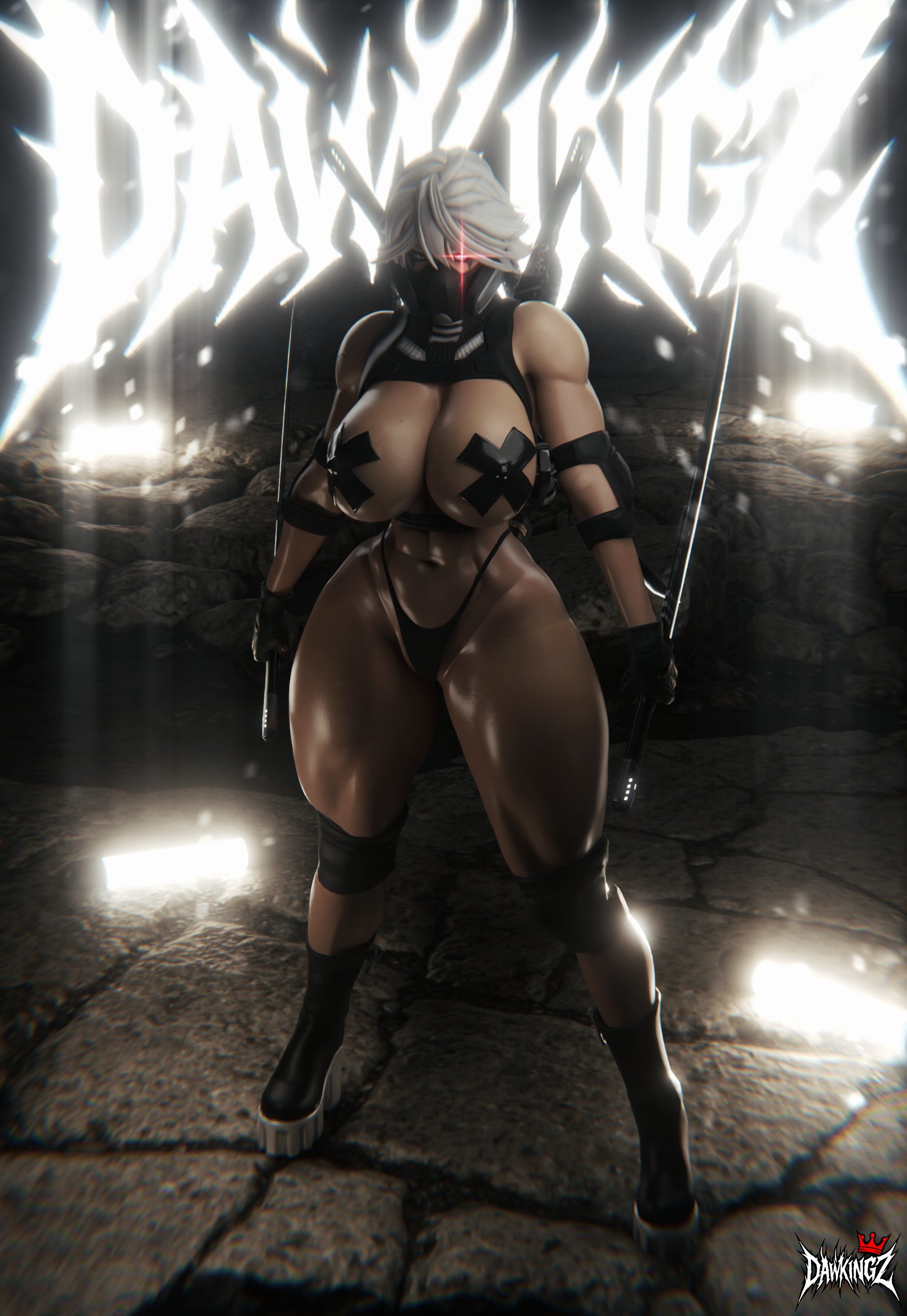 3d, abs, athletic female, dawkingz, female, fortnite, high heels, hush (fortnite), pasties, tactical nudity, thick thighs, thong, thong bikini, voluptuous female, white hair