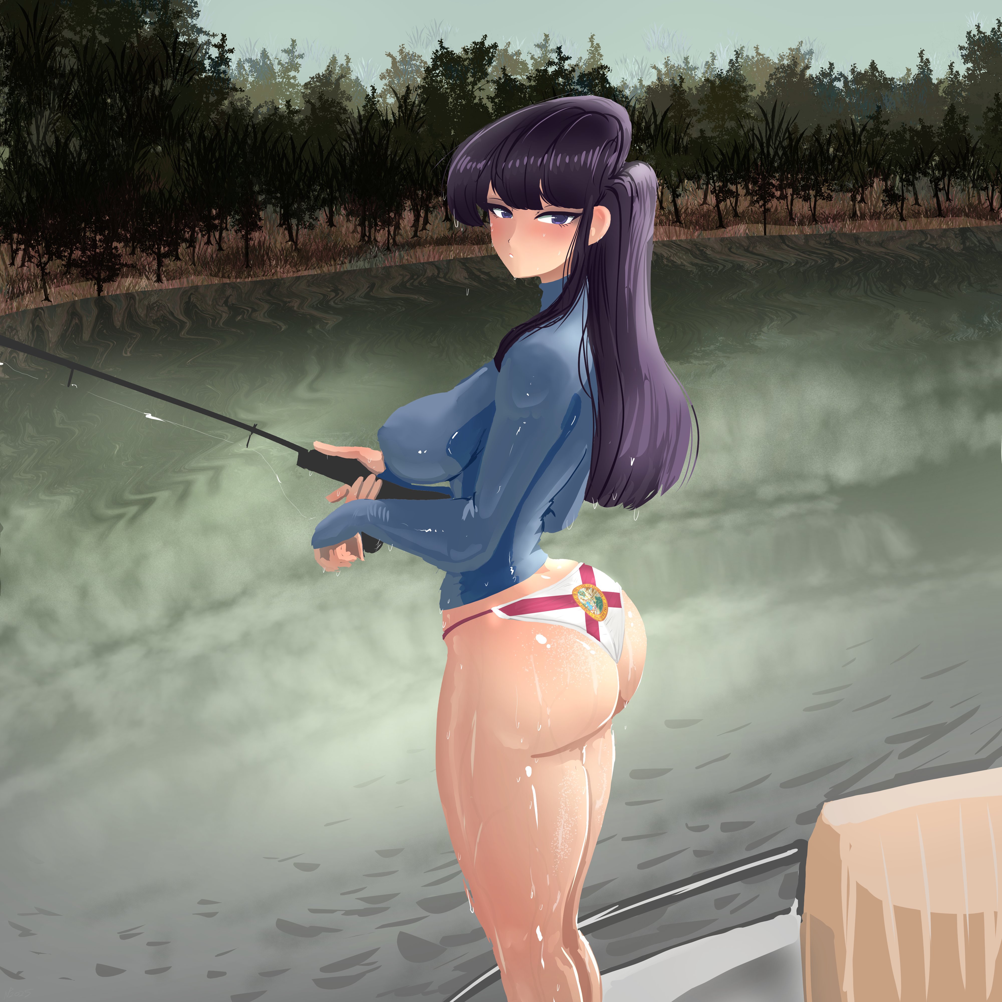 1girls, 2025, ass, bikini bottom, blush, bubble ass, bubble butt, female, female focus, female only, florida flag, gausscannon, hi res, high resolution, highres, komi shouko, komi-san wa komyushou desu, looking at viewer, no pants, thighs
