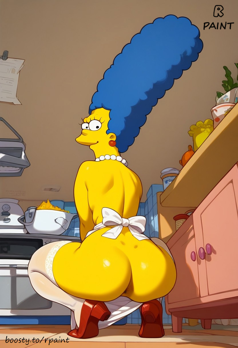 20th_century_fox 20th_century_studios ai_generated ass ass_focus asshole blue_hair boosty boosty_username kitchen legwear marge_simpson milf rpaint simpsons smile smiling the_simpsons wet wet_ass yellow_body