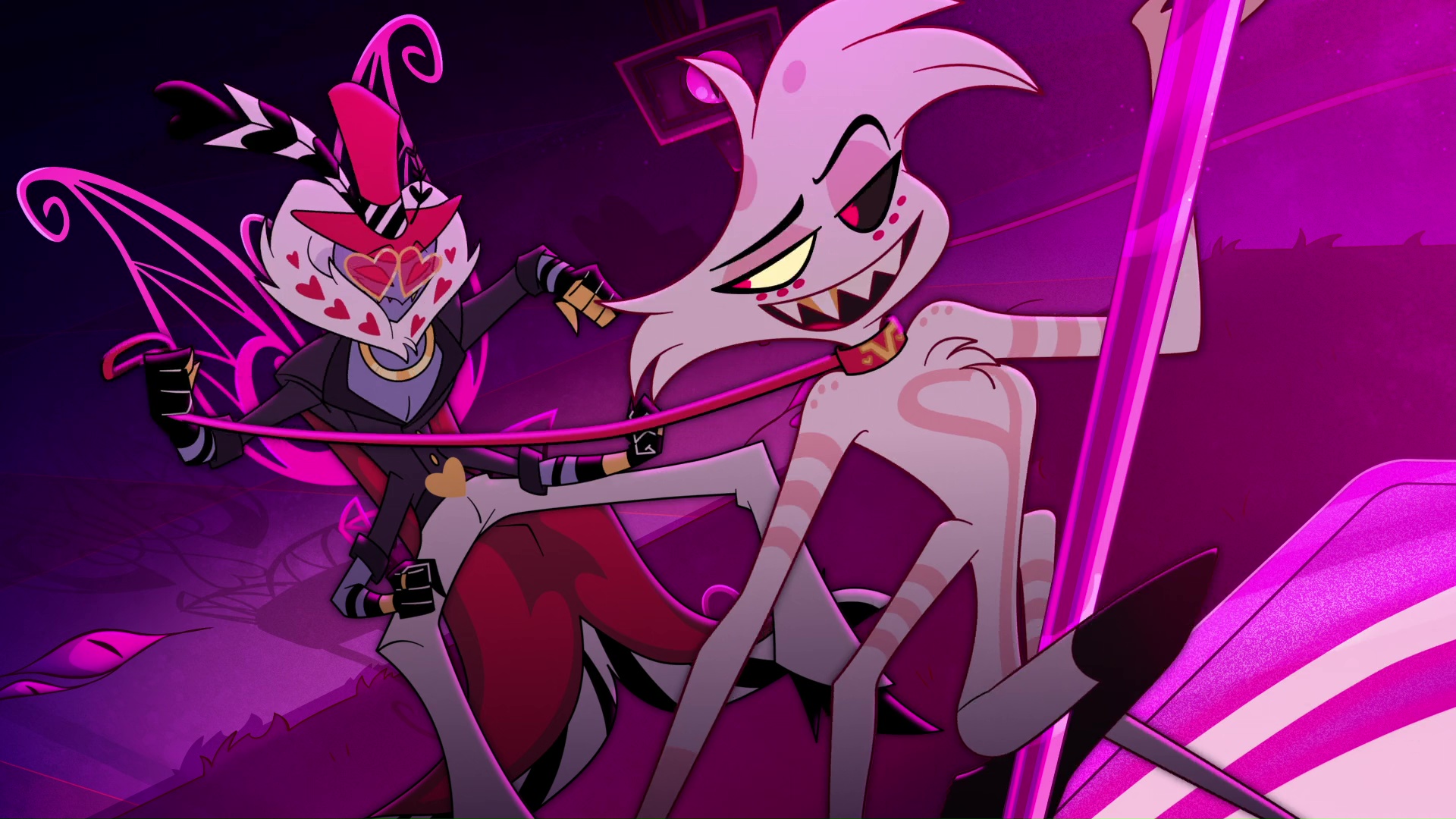 2boys, 4 arms, abuse, angel dust (hazbin hotel), bug wings, chair, clothed, clothed male, clothed male nude male, collar and leash, demons, femboy, hat, hazbin hotel, heart glasses, leash, male, naked, naked male, nude, nude male, official art, pimp, pimp hat, pole dancer, pole dancing, screencap, screenshot, sinner, sinner demon, sitting on chair, soul ownership, spindlehorse toons, stripper pole, thigh high boots, thigh highs, thong, valentino (hazbin hotel), vivziepop