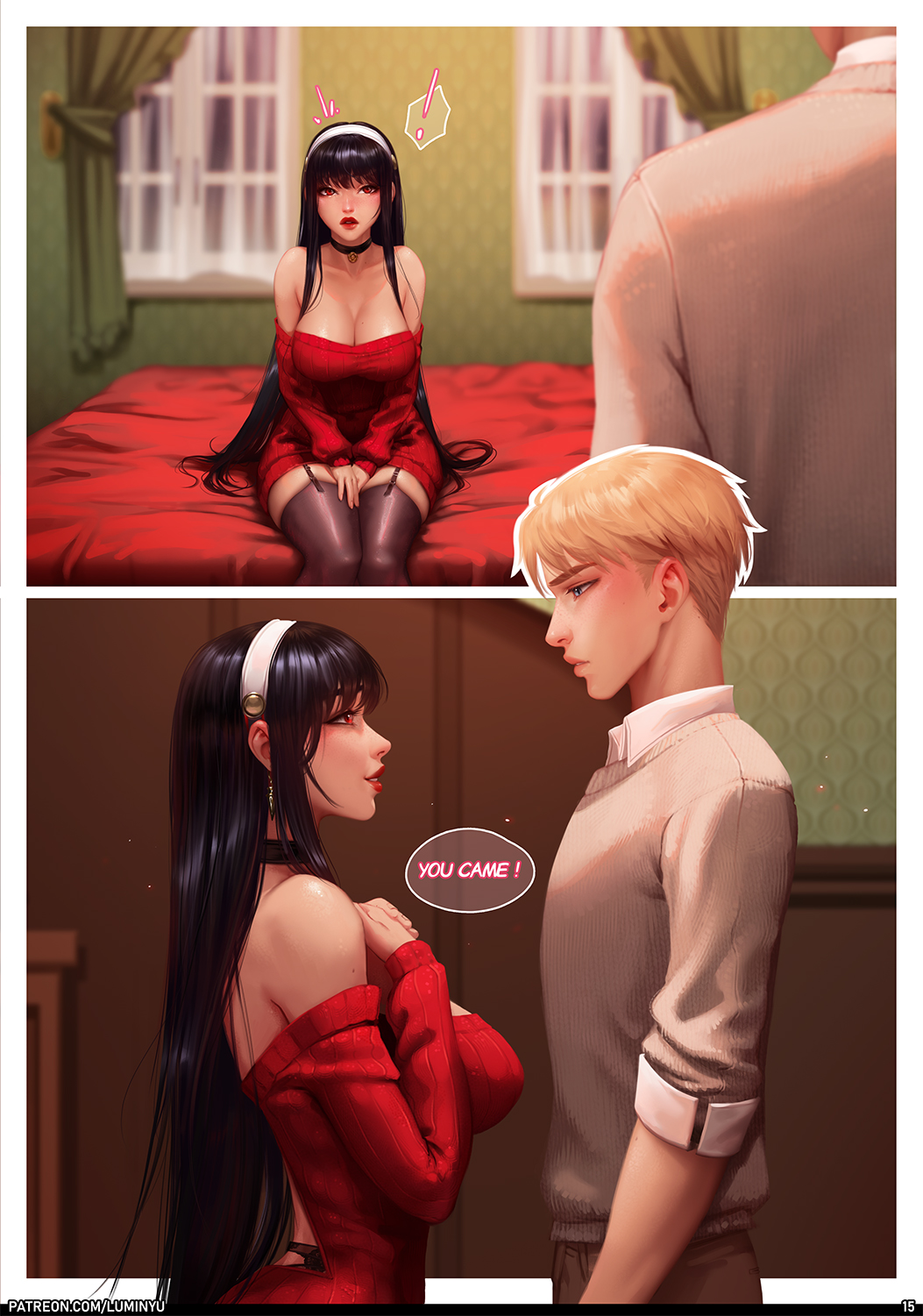 1boy 1girls 2025 bed black_hair blonde_hair blue_eyes breasts cleavage comic female loid_forger luminyu male page_15 red_eyes red_sweater sitting_on_bed speech_bubble spy_x_family thighhighs yor_briar yor_forger