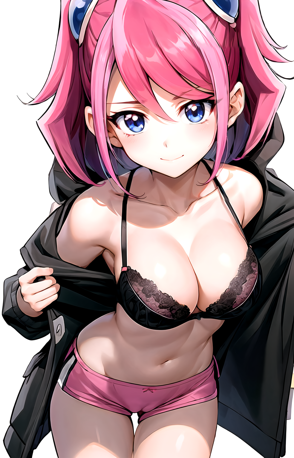 1girl ai-created ai_generated armpit_crease bare_shoulders black_bra black_hoodie black_jacket blue_eyes blush bow bow_bra boyshort_panties boyshorts bra breasts cameltoe cleavage closed_mouth collarbone cowboy_shot drawstring female groin hair_between_eyes hair_ornament hiiragi_yuzu hood hood_down hooded_jacket hoodie jacket lace lace-trimmed_bra lace_bra lace_trim large_breasts leaning_forward lingerie long_hair long_sleeves looking_at_viewer medium_breasts medium_hair micro_shorts midriff multicolored_hair navel off_shoulder open_clothes open_jacket pink_hair pink_panties pink_shorts pixiv rena_aikawa_(pixiv_user) short_hair short_shorts short_twintails shorts sidelocks simple_background smile solo stable_diffusion standing stomach swept_bangs tagme thigh_gap thighs twintails two-tone_hair two_side_up underwear undressing v-shaped_eyebrows white_background yu-gi-oh! yu-gi-oh!_arc-v zuzu_boyle