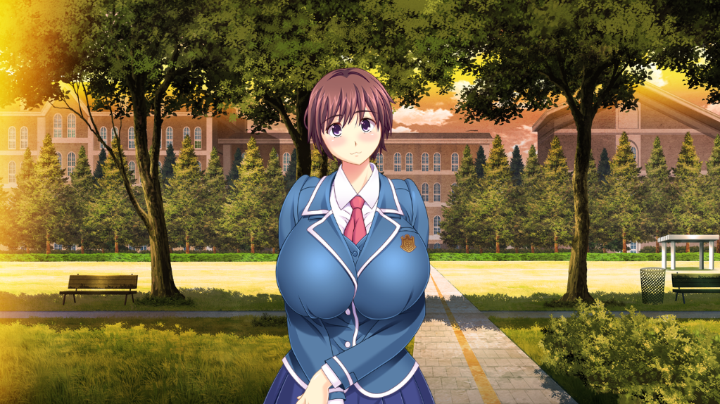 1girls after_sex brown_hair brown_hair_female enormous_breasts female female_only fukunaga_koharu game_cg gigantic_breasts huge_breasts hyper_breasts kyonyuu_reijou_mc_gakuen lune massive_breasts necktie necktie_between_breasts school school_background school_uniform schoolgirl setting_sun short_brown_hair short_hair short_hair_female sunset sunset_background symbol