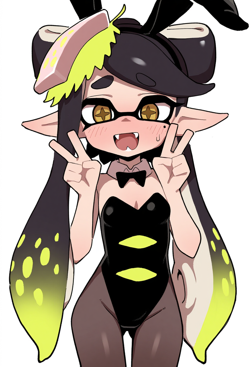 1girls ai_generated black_hair blush bunny_ears bunnysuit callie_(alterna) callie_(splatoon) double_v fake_animal_ears fangs gradient_hair leotard multicolored_hair nintendo novelai official_alternate_hair_color official_alternate_hairstyle open_mouth playboy_bunny self_upload splatoon splatoon_3 splatoon_3:_return_of_the_mammalians swept_bangs teeth tentacle tentacle_hair thigh_gap twintails v yellow_hair