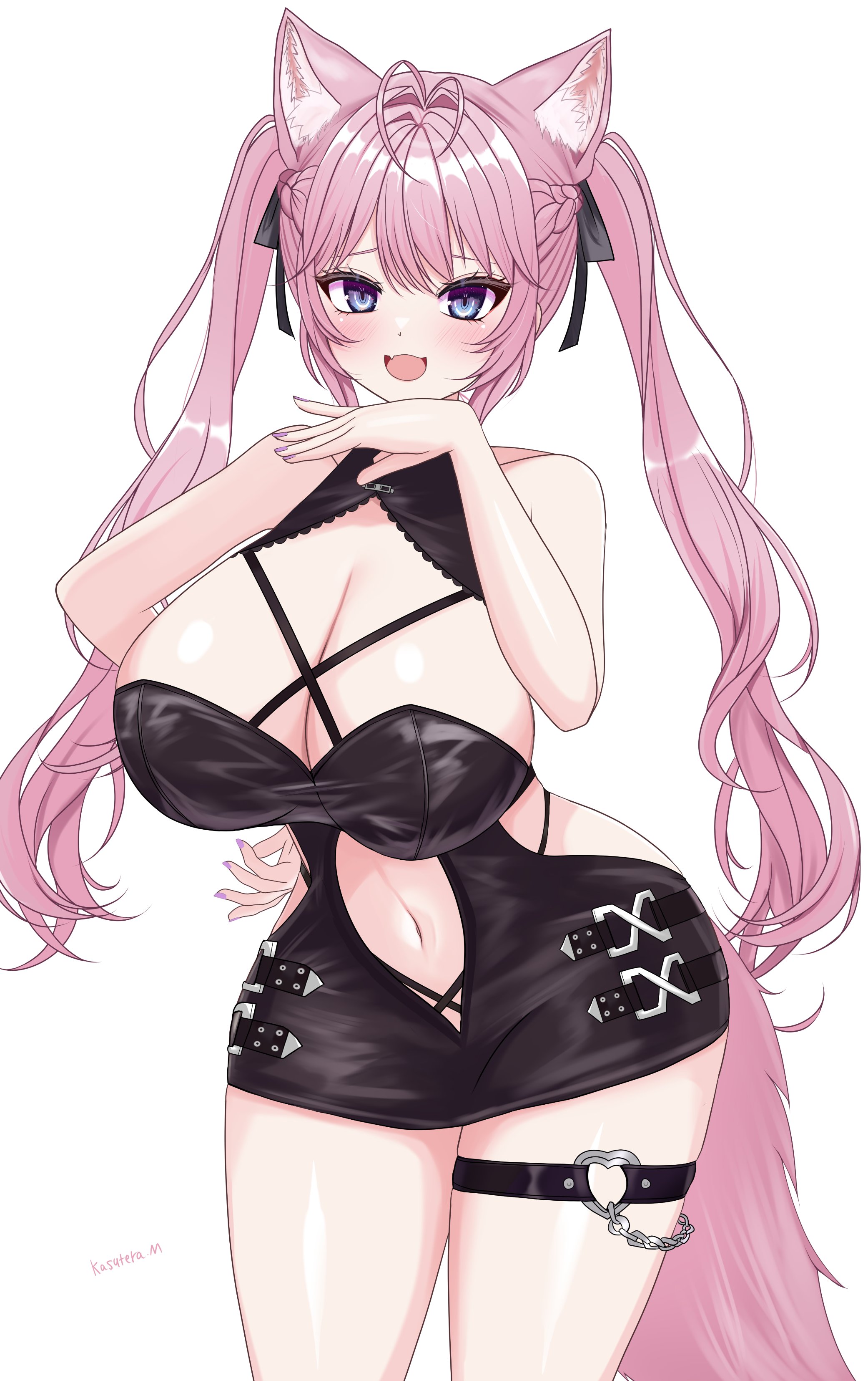 1girls, 2025, big breasts, blue eyes, breasts, cat ears, cat tail, catgirl, clothed, clothing, female, female only, hakui koyori, hi res, hololive, hololive japan, holox, kasuterastellar, light skin, light-skinned female, long hair, looking at viewer, open mouth, pink hair, semi nude, simple background, smile, smiling at viewer, solo, stomach, thick thighs, thighs, twintails, virtual youtuber, white background, white skin