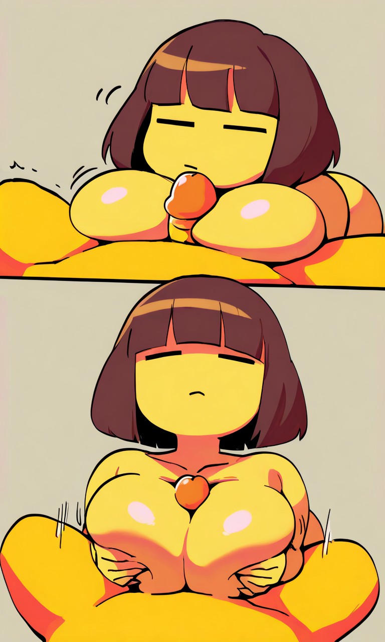 1boy 1girls aged_up ai_generated bangs bob_cut boobjob brown_hair closed_eyes covering_nipples female frisk frisk_(undertale) large_breasts motion_lines naked neutral_expression nude paizuri pixai shoulder_length_hair simple_background solo_focus titjob undertale undertale_(series) yellow_skin