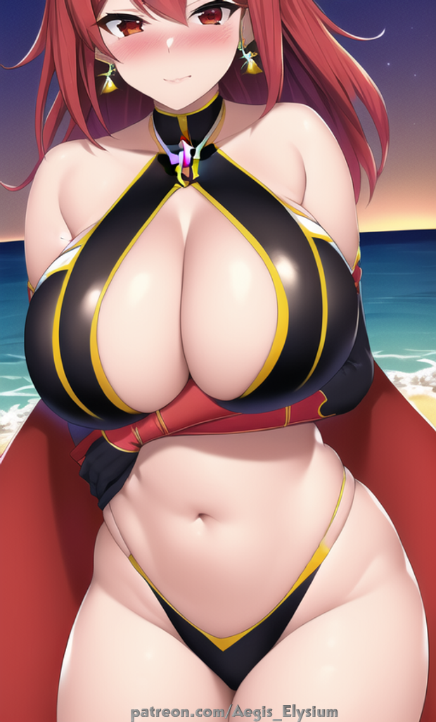 1girls aegis_elysium ai_generated beach bikini cleavage dress female_focus highres huge_breasts large_breasts looking_at_viewer medium_hair nintendo patreon patreon_username pyra pyra_(xenoblade) red_dress red_hair sea seaside short_hair sky solo solo_focus stars sunrise thick_thighs thighs xenoblade_chronicles_(series) xenoblade_chronicles_2