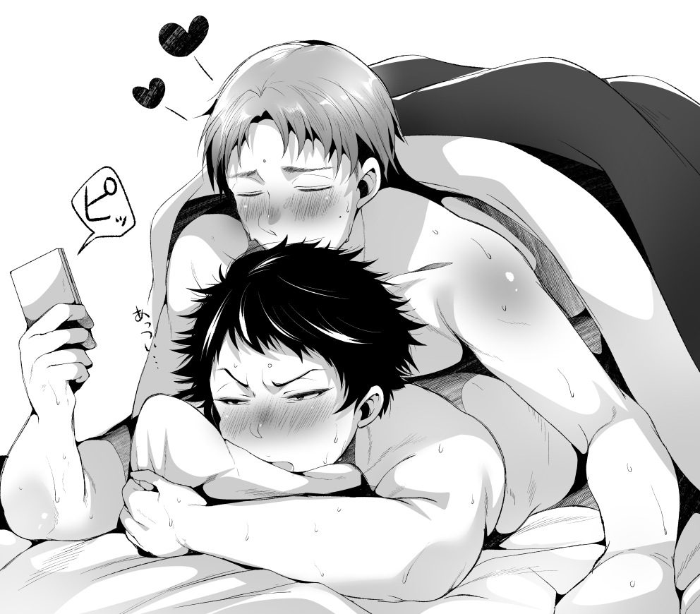 2boys anal bed blanket blush e_(remix99) funkasiahq lying lying_on_person male monochrome multiple_boys phone pillow sex smile yaoi