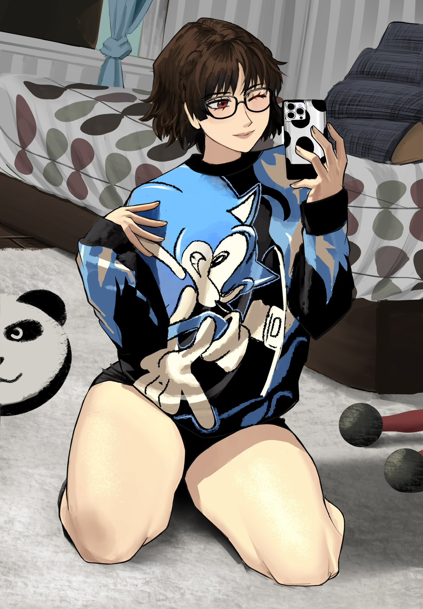1girls, bangs, bedroom, brown hair, chaosoded, crossover, female, glasses, makoto niijima, persona, persona 5, red eyes, short hair, solo, sonic (series), sonic the hedgehog, taking picture, thick thighs, thighs, wink