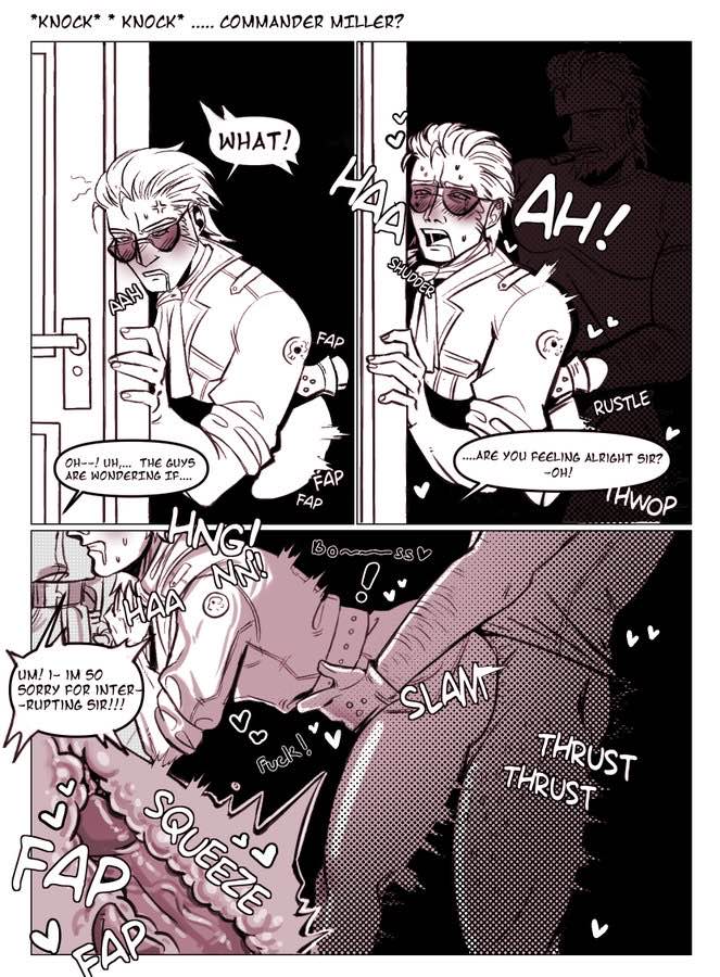 ahegao anal anal_sex big_boss black_and_white blonde_hair comic comic_page cross_section dialogue door doorway gay kazuhira_miller metal_gear metal_gear_solid naked_snake niakku public semi_public