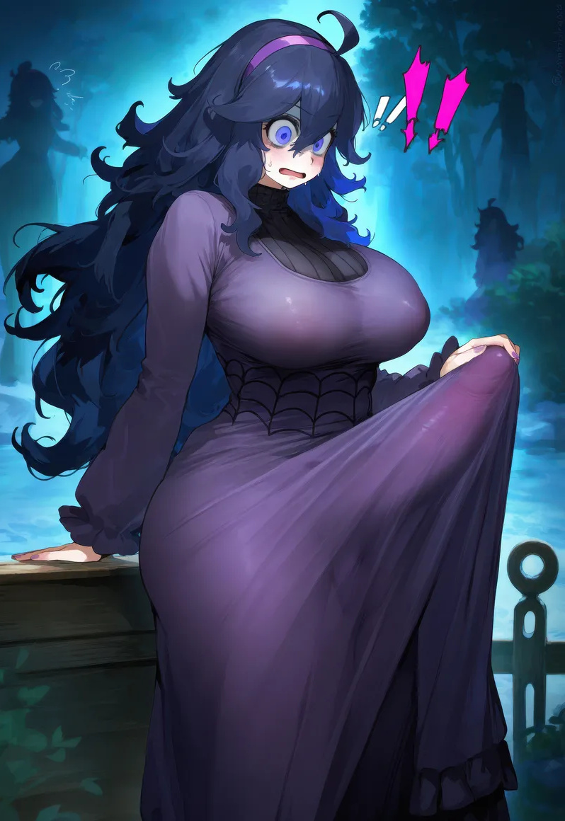 ai_generated bare_thighs big_penis blush bulge bulge_through_clothing embarrassed erect_penis game_freak gigantic_breasts gigantic_penis gomzai hairband hex_maniac huge_breasts huge_cock huge_thighs light-skinned_female light_skin long_dress long_hair massive_breasts nintendo penis pokemon pokemon_xy purple_eyes purple_hair squatting sweat sweatdrop thick_body thick_female thick_thighs thighs very_long_hair voluptuous voluptuous_female