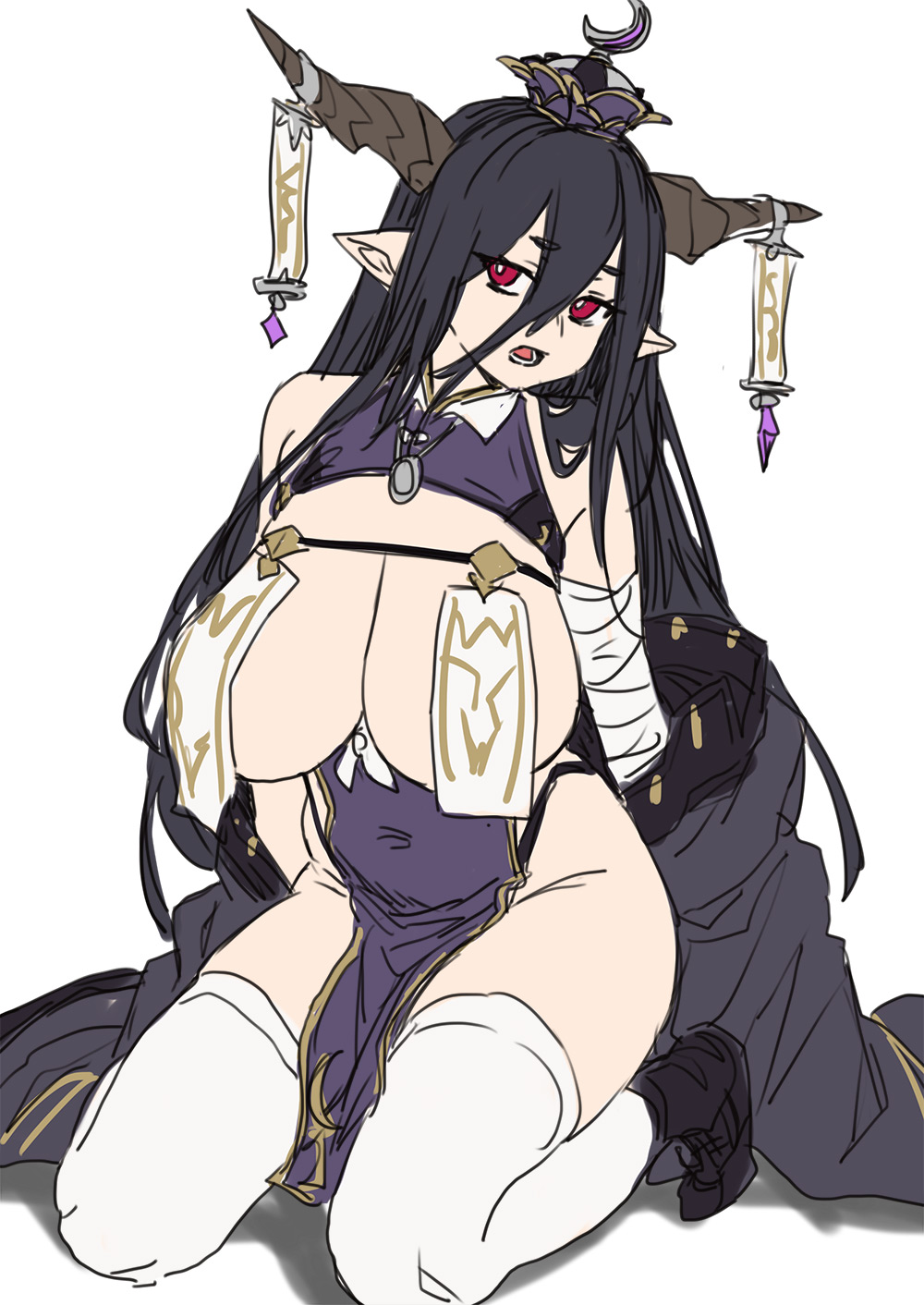 bandages bare_shoulders black_hair breasts china_dress chinese_clothes clothing_cutout crescent danua draph dress female granblue_fantasy hat highres horn_ornament horns houtengeki huge_breasts jewelry jiangshi large_breasts long_hair necklace ofuda ofuda_on_head ofuda_on_nipples open_mouth pasties pointy_ears purple_dress red_eyes solo thighhighs white_background white_thighhighs white_thighhighshoutengeki