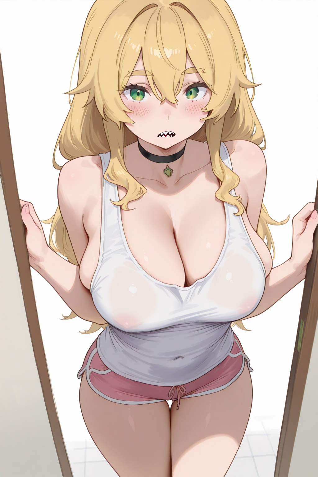 1girls ai_generated blonde_hair blush breasts busty casual choker cleavage frederica_baumann green_eyes huge_breasts large_breasts looking_at_viewer pink_shorts re:zero_kara_hajimeru_isekai_seikatsu sharp_teeth shorts sideboob tank_top white_tank_top