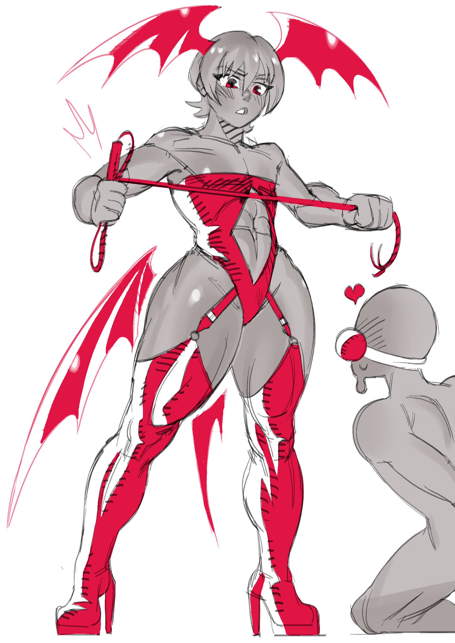 1boy, 1girls, abs, assertive female, blush, breasts, calves, capcom, darkstalkers, dominant, domination, female, female dominating male, female domination, femdom, flat chest, flat chested, gag, gagged male, gagging, gray body, grey skin, head wings, heart, heart symbol, heels, high heels, hip wings, huge thighs, lilith aensland, lineflow, male, malesub, muscular, muscular calves, muscular female, muscular thighs, red clothing, red eyes, red thighhighs, short hair, small boobs, small breasts, submissive, submissive male, succubus, succubus wings, thick thighs, thighhighs, thighs, whip, white background