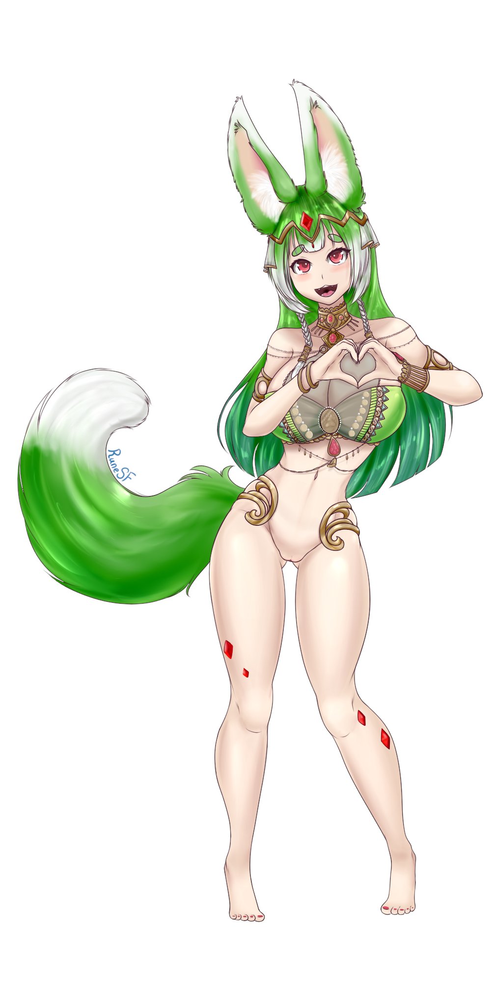 1girls animal_ears barefoot belly_button blush breasts carbuncle cera_luceria covering_breasts feet female female_only globie green_hair heart_hands hexokai huge_breasts jewelry light-skinned_female light_skin no_panties open_mouth painted_toenails pussy red_eyes red_toenails rune_solafrost_(artist) simple_background solo tail thick_eyebrows virtual_youtuber white_background