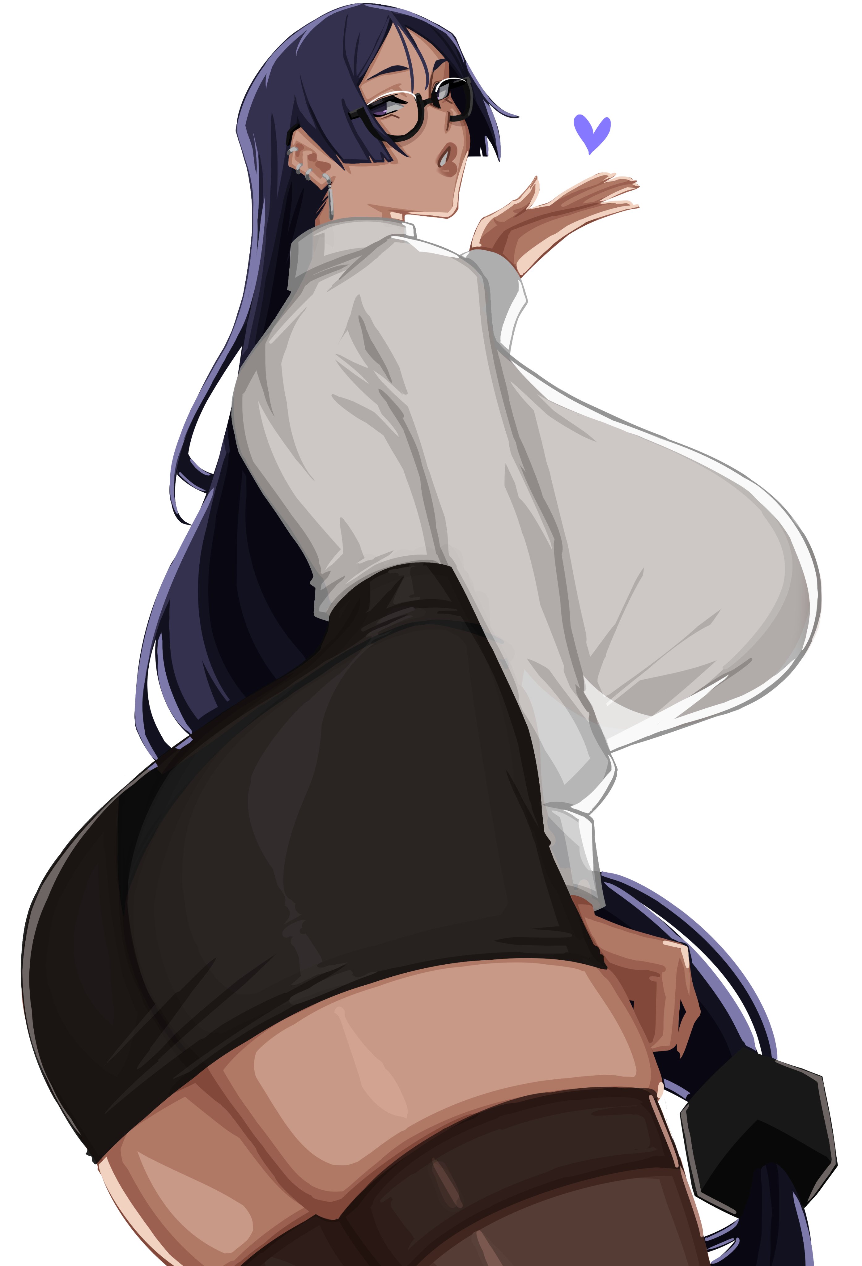 1girls, 2d (artwork), alecto 0, alternate outfit, ass, beautiful woman, big ass, big breasts, black skirt, breasts, ear piercing, earrings, eyewear, fate (series), fate/grand order, female, female only, glasses, hair, heart, huge breasts, large breasts, legwear, long hair, mature, mature female, mature woman, milf, minamoto no raikou (fate/grand order), miniskirt, office clothing, office lady, parted lips, pencil skirt, purple eyes, purple hair, shirt, short skirt, sideboob, skindentation, skirt, solo, solo female, thick thighs, thighhighs, thighs, tight miniskirt, tight skirt, white shirt