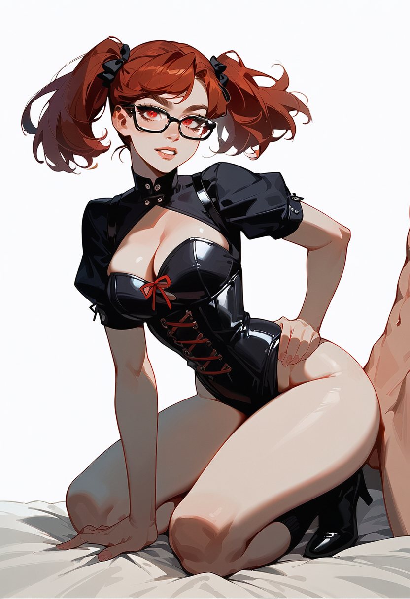 ai_generated black_outfit corset female glasses red_hair twintails