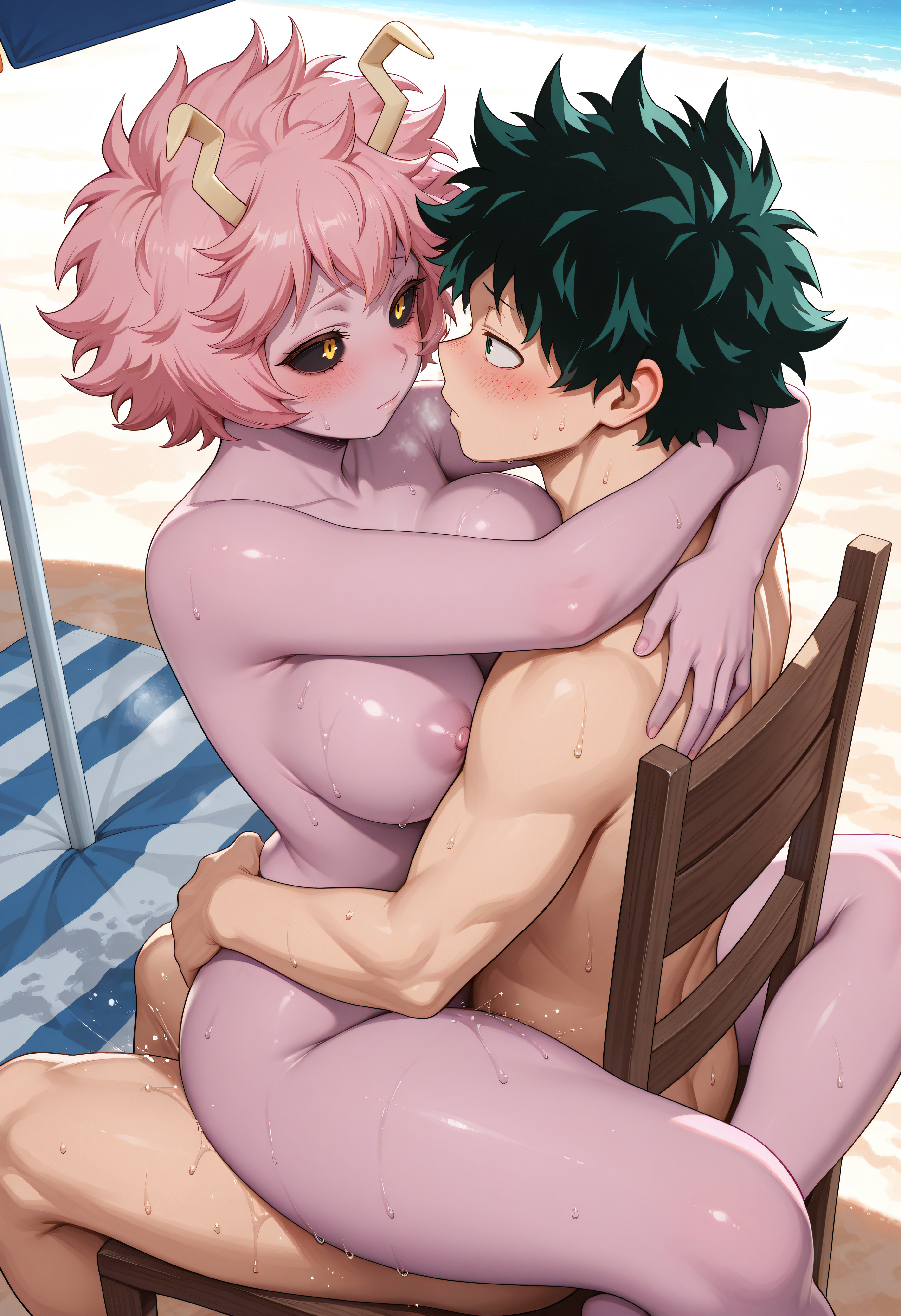 ai generated, ashido mina, beach, big ass, black sclera, blush, boku no hero academia, breasts, chair, face off position, green hair, horns, hugging, hugging while sex, izuku midoriya, midoriya izuku, mina ashido, my hero academia, outdoors, pink hair, pink skin, purple nipples, sex, sitting, sitting on lap, sitting on person, steam, steamy breath, towel, view from above, yellow eyes