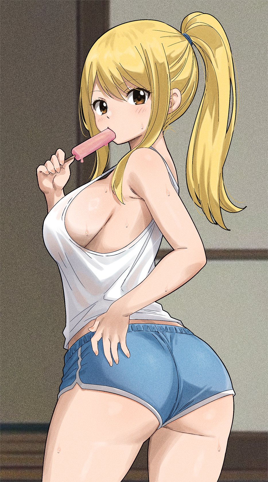 ass_focus big_ass blonde_hair brown_eyes eating_food fairy_tail gaston18 juicy_thighs lucy_heartfilia seductive_smile shorts soaked tight_clothes underboob