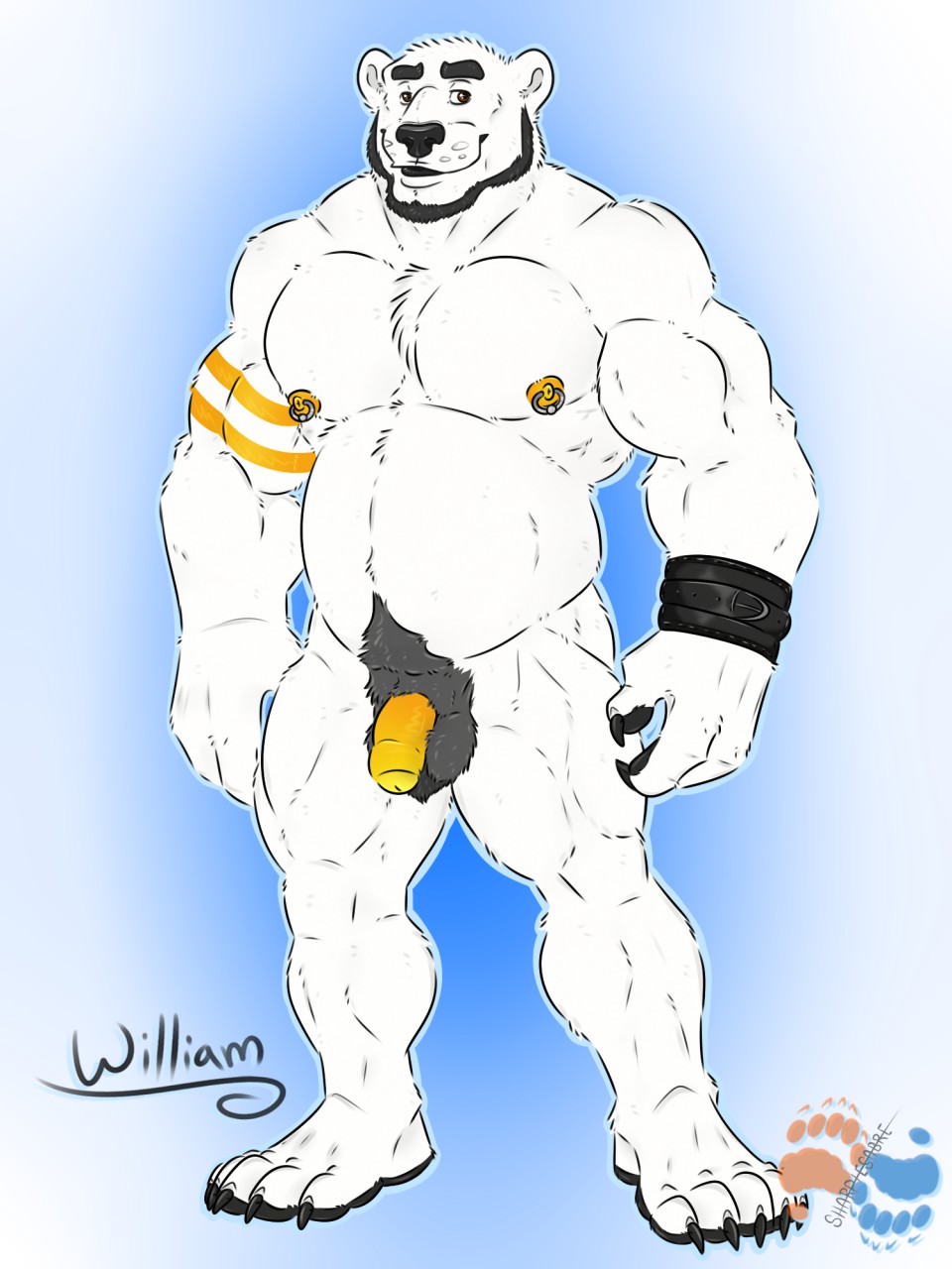 anthro balls barazoku bear belly chin_strap cuffs_(disambiguation) facial_hair flaccid foreskin fur furry leather male male_only mammal muscular paws pecs penis piercing polar_bear sharpiesabre solo