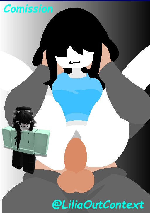 1boy 1girls balls black_hair commission female female_penetrated full_nelson full_nelson_(legs_held) full_nelson_vaginal hair_covering_eyes hair_over_eyes jacket liliaoutcontext medium_breasts penis penis_in_pussy reference_image roblox roblox_avatar sarah_(ari_nsfwcore) white_body younger_female