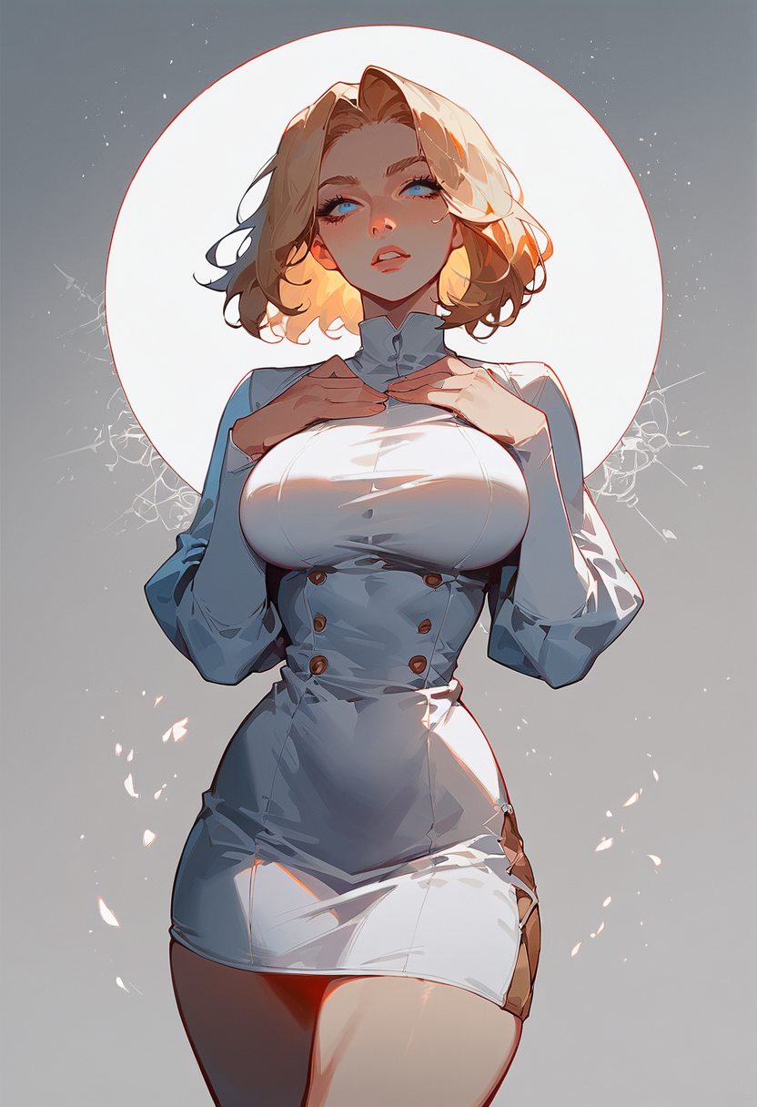 big_breasts blonde_hair blue_dress female hourglass_figure short_dress