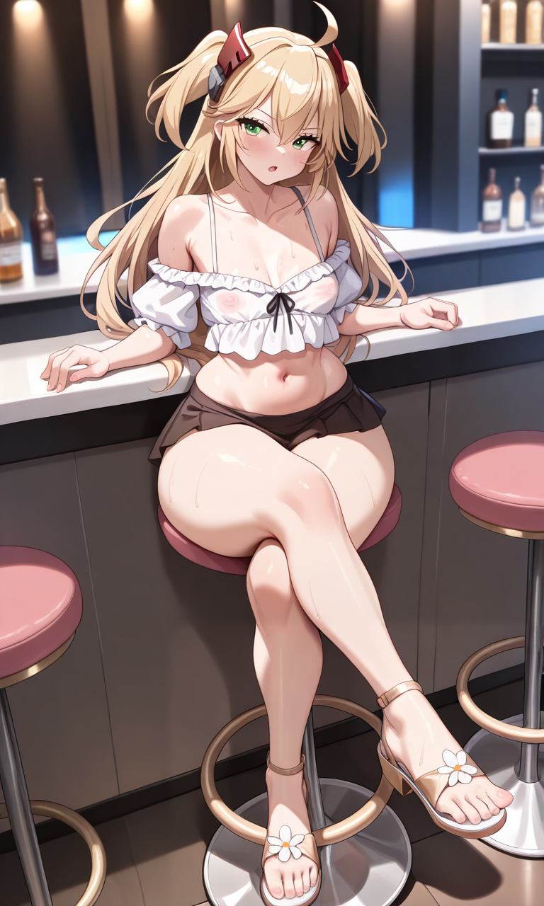 admiral_hipper_(azur_lane) ai_generated angry angry_face azur_lane belly belly_button blonde_hair crossed_legs feet green_eyes heels hentaihero27 legs lightskinned_female miniskirt nipples_visible_through_clothing sandals see-through sitting sitting_on_stool stomach thighs toes twintails