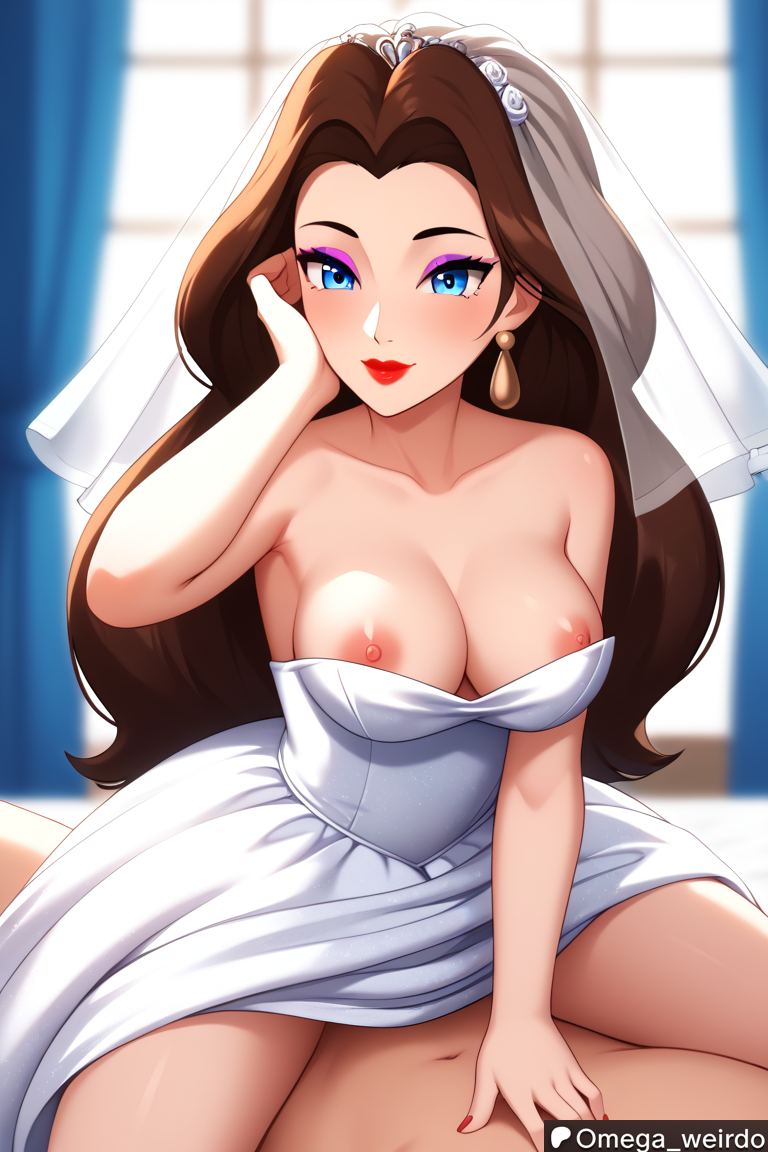 1girl1boy ai_generated bed bedroom bedroom_sex big_breasts blue_eyes blush brown_hair earrings exposed_breasts female hand_to_face happy indoors indoors_sex lipstick long_hair makeup milf omega_weirdo patreon pauline pauline_(mario) sex straddling super_mario_bros. wedding_dress wedding_night wedding_veil