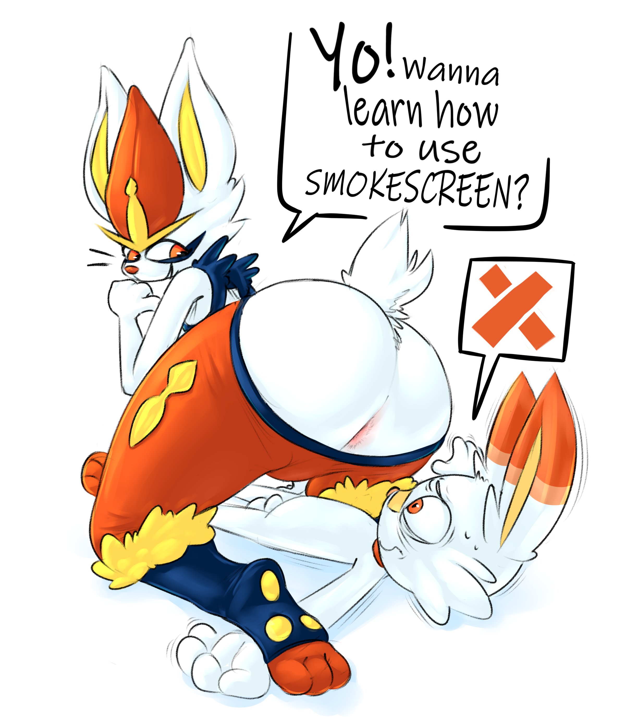2boys, 2d, 2d artwork, anus, anus peek, ass, balls, big ass, big butt, bunny, cinderace, clothed, clothes, feet, furry, furry only, iamapoliceman, imminent fart, lagomorph, looking back, male, male male, male only, mounted, nintendo, no sex, nonconsensual, nonhuman, pants, pants down, paws, pokemon, pokemon (species), pokemon swsh, rabbit, rabbit ears, scorbunny, speech bubble, tail, talking, talking to another, text, thick thighs, thighs, white fur