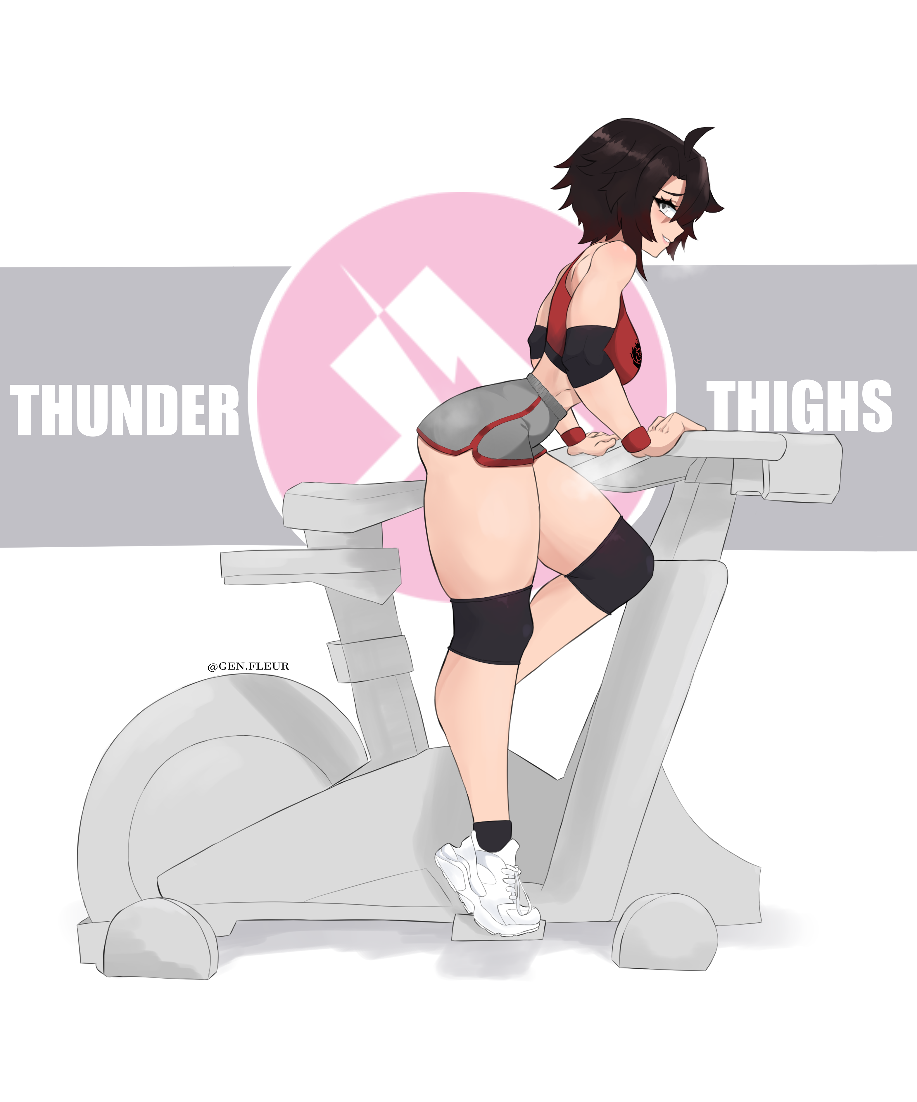 1girls, alternate version available, ass, breasts, exercise, female, female only, genfleur0108, heavy breathing, knee sleeves, light skin, light-skinned female, looking at viewer, midriff, ruby rose, rwby, short hair, smile, solo, thick thighs, thighs