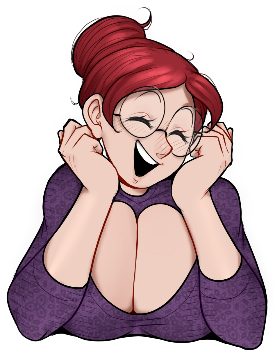 1girls big_breasts clara_(detnox) detnox female female_focus glasses heart_symbol huge_breasts light-skinned_female original red_hair smiling solo solo_female voluptuous voluptuous_female