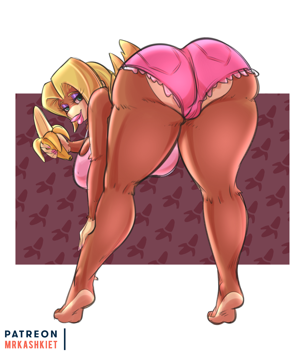 1girls anthro back_view banana bending_down bent_over big_ass big_breasts big_lips blonde_hair blue_eyes booty_shorts cameltoe candy_kong donkey_kong_(series) eyelashes eyeshadow fruit hi_res huge_breasts leaning_back lipstick looking_at_viewer looking_back mascara mrkashkiet nintendo pink_lipstick pink_nails pinup primate rareware seductive seductive_look tank_top thick_thighs video_games