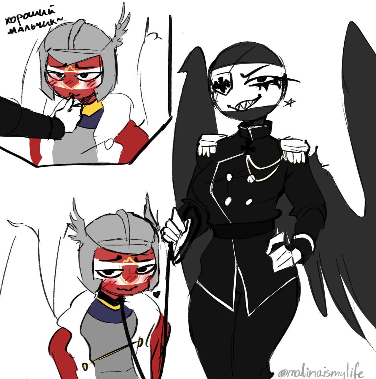 1boy, 1girls, blush, countryhumans, countryhumans girl, eye patch, female, helmet, leashed pov, licking finger, male, malinaismylife, military uniform, polish lithuanian commonwealth (countryhumans), polish male, prussia (countryhumans), royal robe, wings