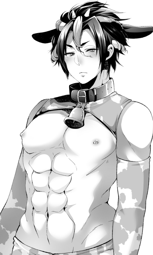 1boy abs all_out!! animal_ears bed blush collar costume cow_ears cowbell e_(remix99) horns looking_at_viewer male male_only monochrome muscle nipples pecs sekizan_takuya solo sweat