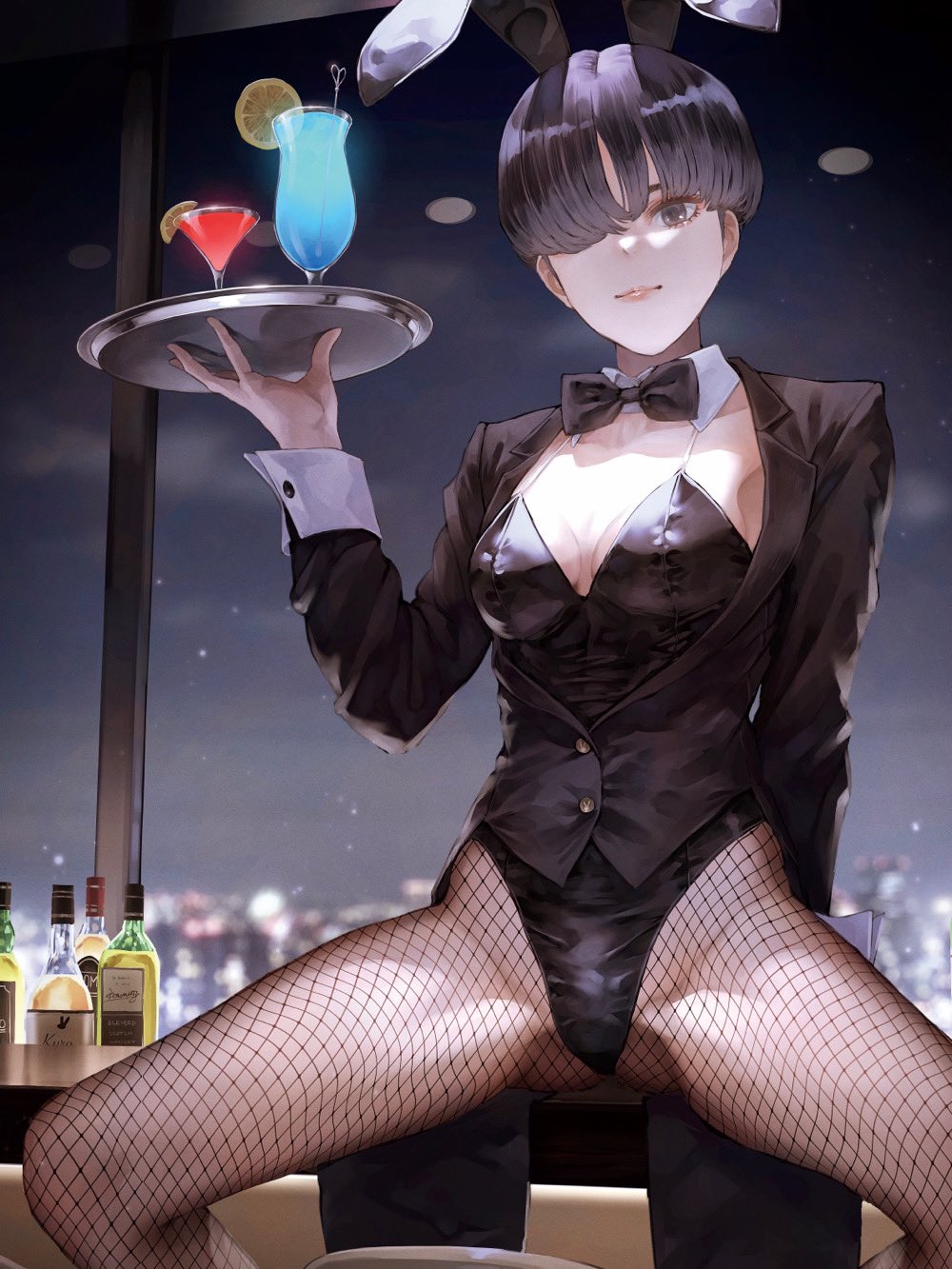 1girls alcohol alcoholic_drink bangs black_eyes black_hair bottle bottles bow bowl_cut bowtie breasts bunny_ears bunny_girl bunnysuit buttons citrus_fruit city_background cityscape cleavage closed_mouth clothes clothing club cocktail cuffs dark_eyes dark_hair detached_collar drink drinks fake_animal_ears female fishnet_legwear fishnet_pantyhose fishnet_stockings fishnets fruit glass hair_covering_eye hand_behind holding_object holding_tray human indoors jacket kaoming legs legwear leotard light-skinned_female light_skin lips looking_at_viewer medium_breasts night_sky nightclub one_eye_obstructed orange orange_(fruit) orange_slice original petite shakujii_tsubasa_(kaoming) short_hair sitting sky slender_legs slim_waist smile solo spread_legs starry_sky stockings straight_hair suit_jacket teasing thighs tight_clothes tight_clothing tomboy tray wide_hips window window_view wrist_cuffs