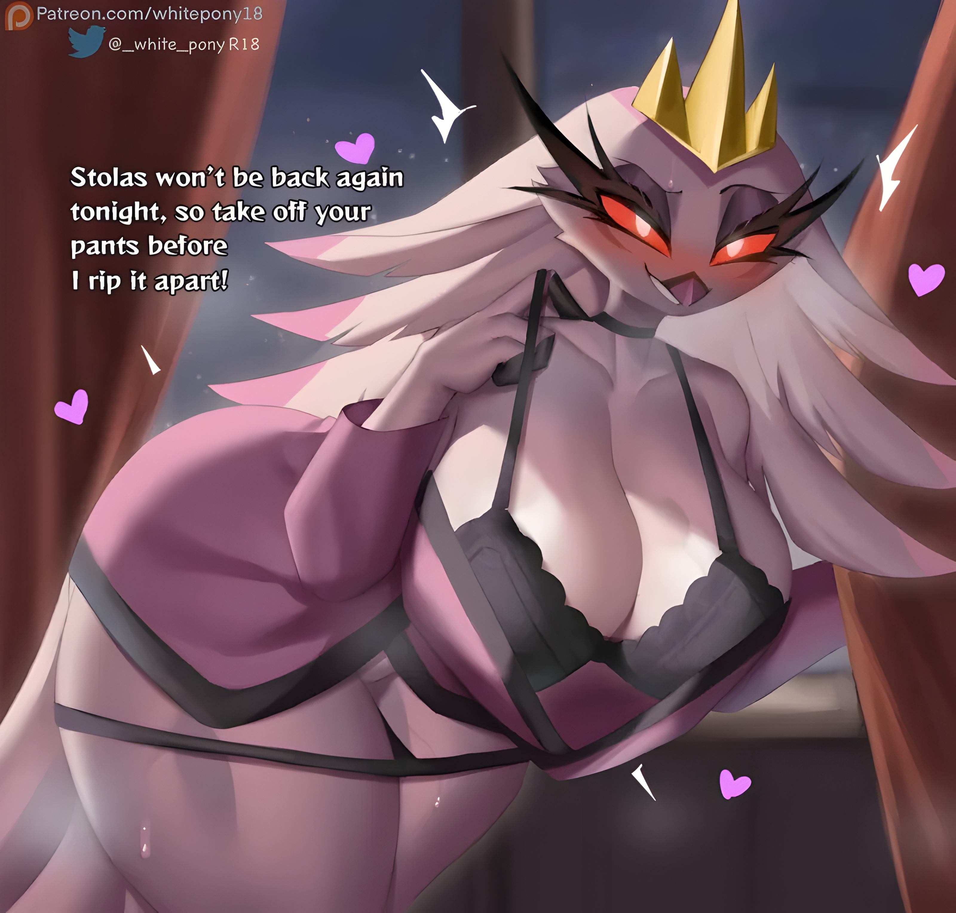 18 (artist), 2d, 2d (artwork), 3 fingers, big breasts, bird, bird humanoid, blush, bra, breasts, crown, demon, eyebrows, eyelashes, female, female only, heart, heart symbol, helluva boss, hi res, human on anthro, imminent sex, long hair, looking at viewer, milf, owl, owl demon, red eyes, smile, stella (helluva boss), sweat, tagme, underwear down