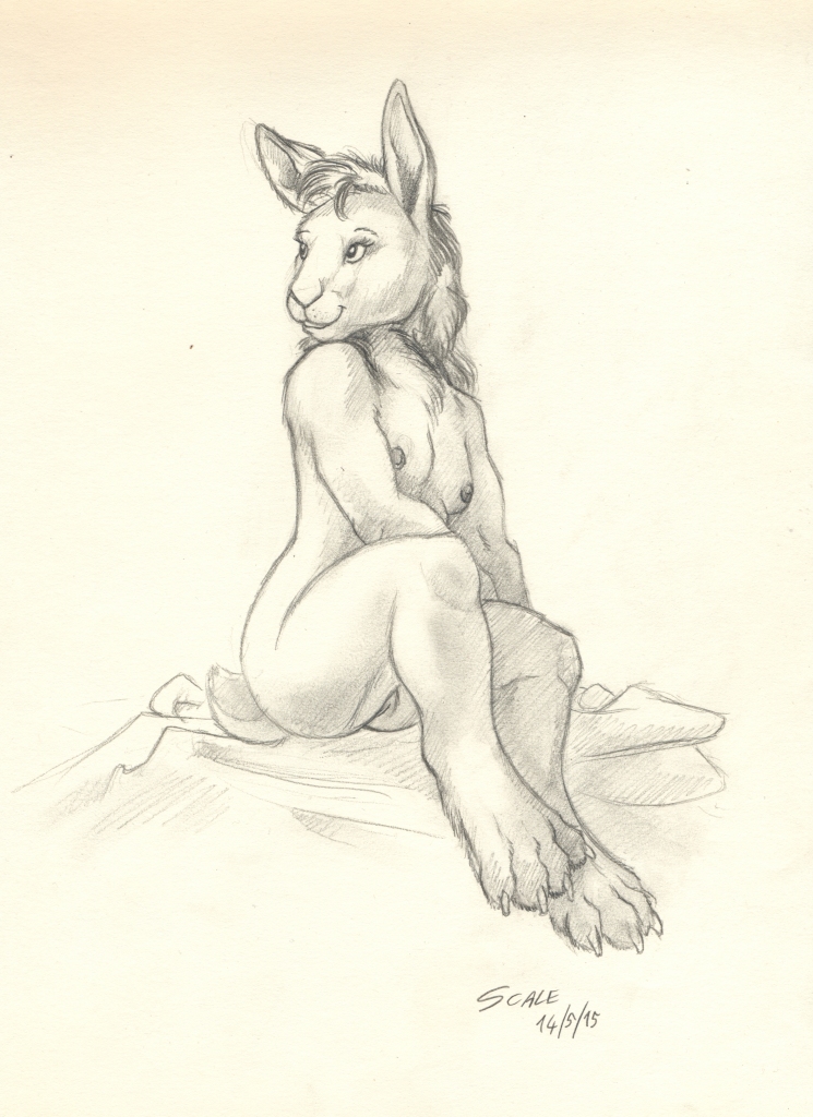 2015 anatomically_correct anatomically_correct_pussy anthro breasts claws cloth female hair lagomorph mammal nipples nude pencil_(artwork) pussy scale_(artist) shaded simple_background sitting smile solo traditional_media_(artwork)