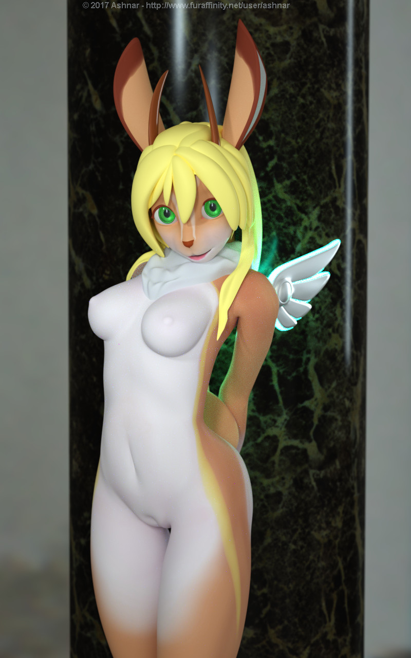 2017 3d anthro ashnar blender blonde_hair breasts female fur furry green_eyes hair horns jackalope lagomorph looking_at_viewer mammal navel nipples nude phina_(ashnar) pussy solo standing white_belly white_fur wings