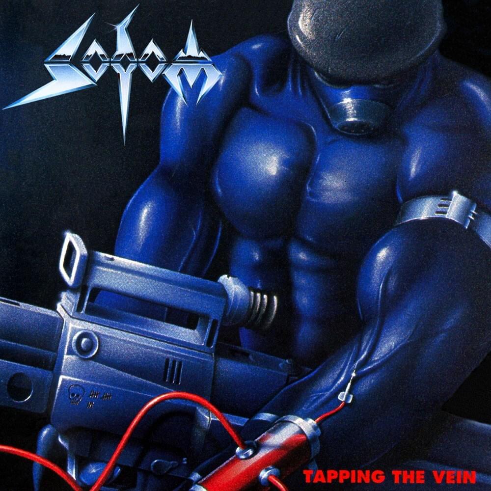 abs album_cover blue_background blue_skin german gun holding_gun holding_object holding_weapon injection knarrenheinz metal muscle muscle_tone muscles music no_nipples non_sexual pecs pectorals red_color shirtless sodom sodom_band soldier soldier_helmet steroids tally_marks thrash_metal tourniquet veins weapon