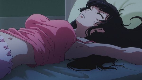 1girls bare_arms bare_shoulders big_breasts black_hair breasts closed_eyes code_geass collarbone female long_hair nipple_bulge on_bed pajamas pink_pajamas pink_tank_top pokies screenshot spaghetti_strap strap_slip sumeragi_sakuya