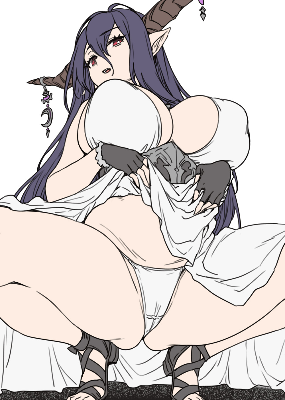 bare_arms bare_shoulders black_gloves breasts danua draph dress female fingerless_gloves from_below gloves granblue_fantasy highres horn_ornament horns houtengeki large_breasts lifting_own_clothes long_hair looking_at_viewer open_mouth panties pointy_ears red_eyes sandals sideboob simple_background solo spread_legs squatting thighs thong underwear white_background white_dress white_panties