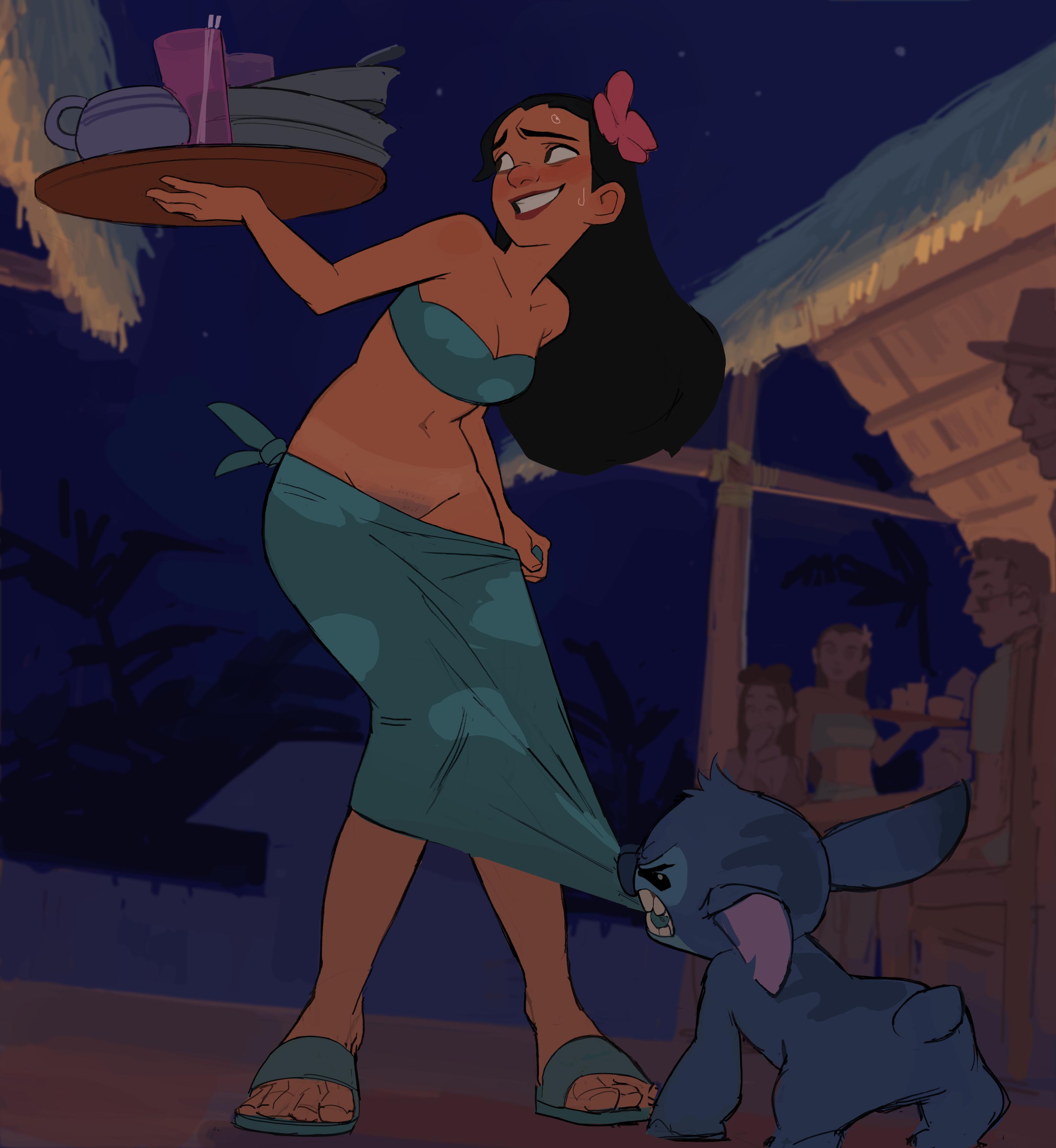 amugea, black hair, bra, disney, enf, female, hair ornament, lilo and stitch, nani pelekai, nervous, nervous smile, no panties, pubic hair, pulling down pants, sandals, sarong, skirt, stitch, stitch (lilo and stitch), wardrobe malfunction