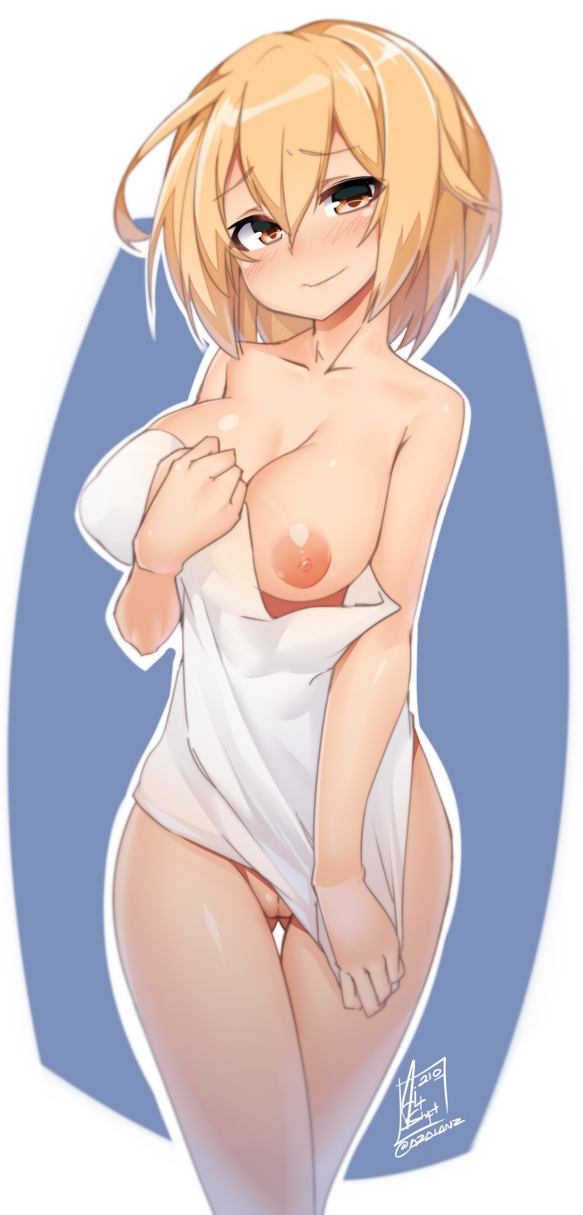 ahoge areolae blonde_hair blush breasts collarbone female highres large_breasts looking_at_viewer naked_towel nipples one_breast_out original pussy short_hair signature smile solo standing tilt-shift tilt-shift_(azalanz) towel yellow_eyes