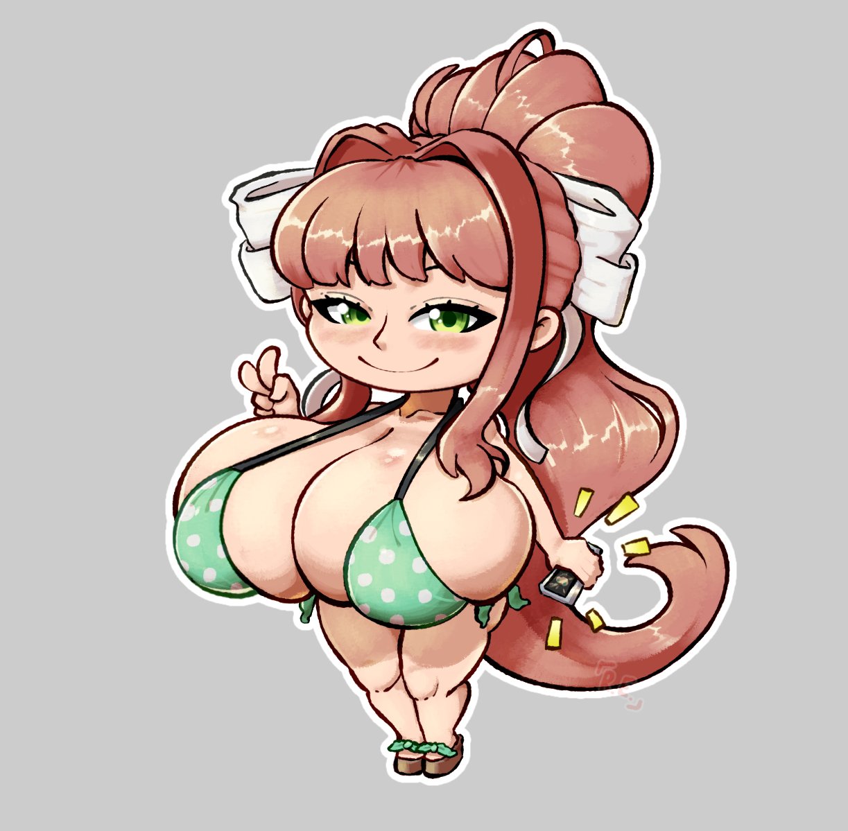 1girls 2025 anime_style big_breasts bikini breasts brown_hair cleavage color doki_doki_literature_club female female_only green_bikini green_eyes huge_breasts human human_only large_breasts looking_at_viewer monika_(doki_doki_literature_club) overflowing_breasts peace_sign ponytail red_eclipse sandals simple_background smile smiling smiling_at_viewer smirk smirking_at_viewer solo solo_female white_bow