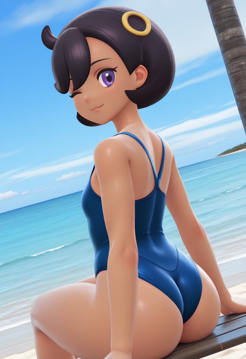 :3, ai generated, ass focus, emma (pokemon legends: z-a), emma (pokemon), fat ass, flat chest, game freak, huge ass, matiere (pokemon legends: z-a), matiere (pokemon), mimiloku, nintendo, outdoors, petite, pokemon, pokemon legends: z-a, swimsuit, tanned skin
